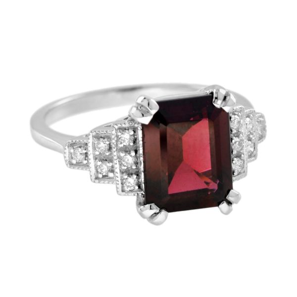 4.10ct Emerald Cut Rhodolite Garnet and Diamond Engagement Ring