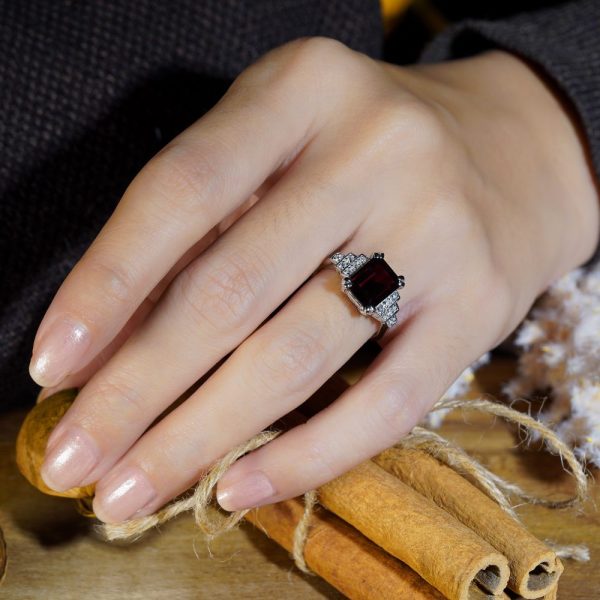 4.10ct Emerald Cut Rhodolite Garnet and Diamond Engagement Ring