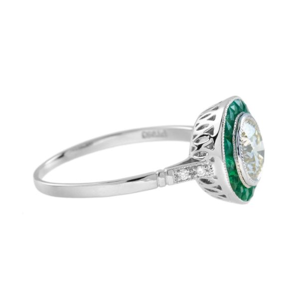 Certified 1ct Diamond and Calibre Emerald Target Cluster Engagement Ring in Platinum