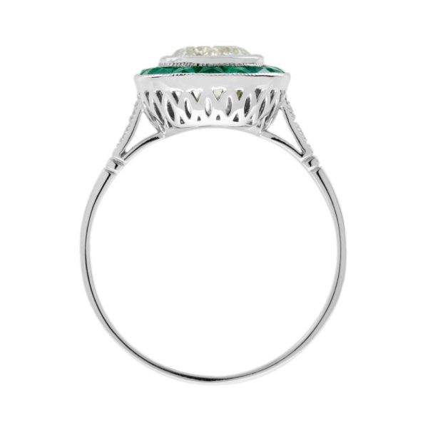 Certified 1ct Diamond and Calibre Emerald Target Cluster Engagement Ring in Platinum