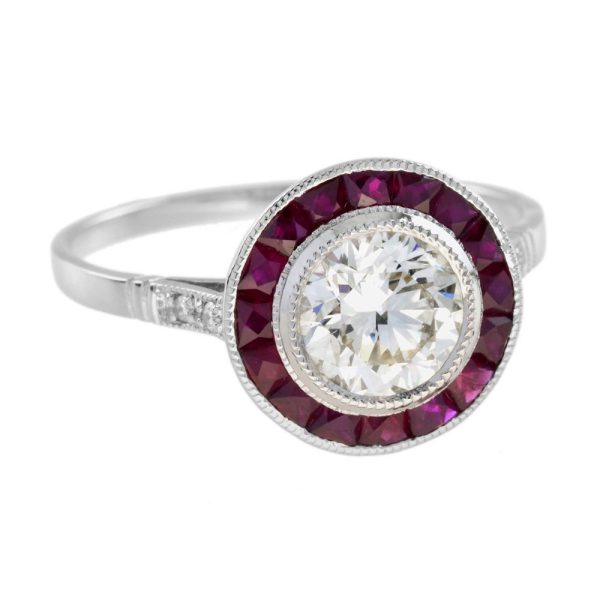 Certified 1ct Diamond and Ruby Halo Cluster Target Ring in Platinum