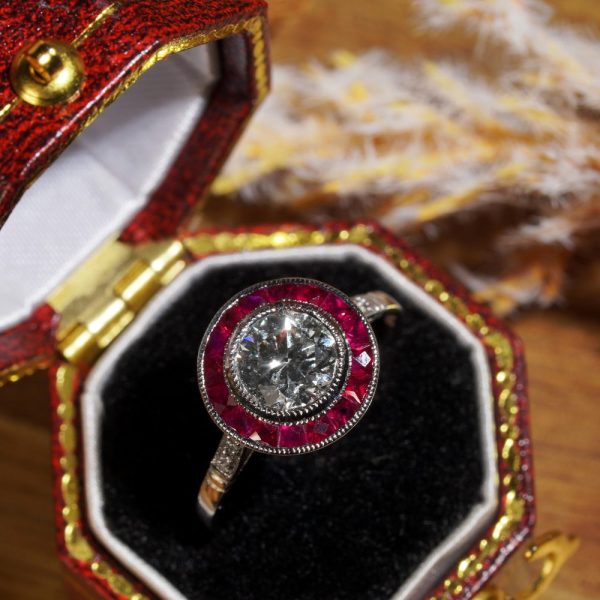 Certified 1ct Diamond and Ruby Target Ring in Platinum