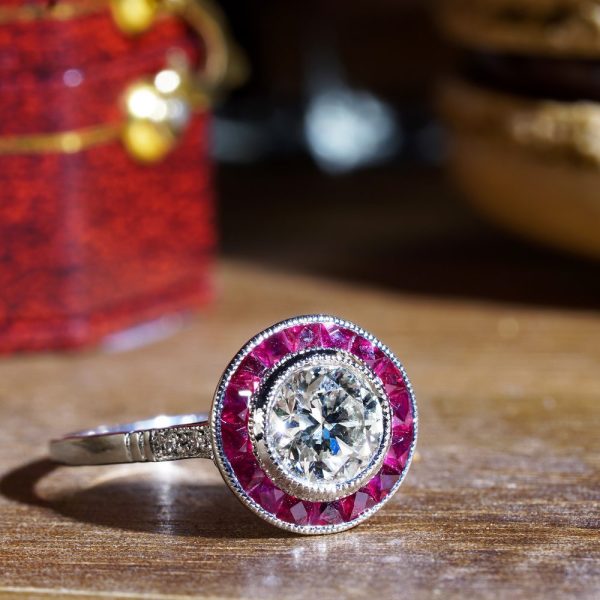 Certified 1ct Diamond and Ruby Target Ring in Platinum