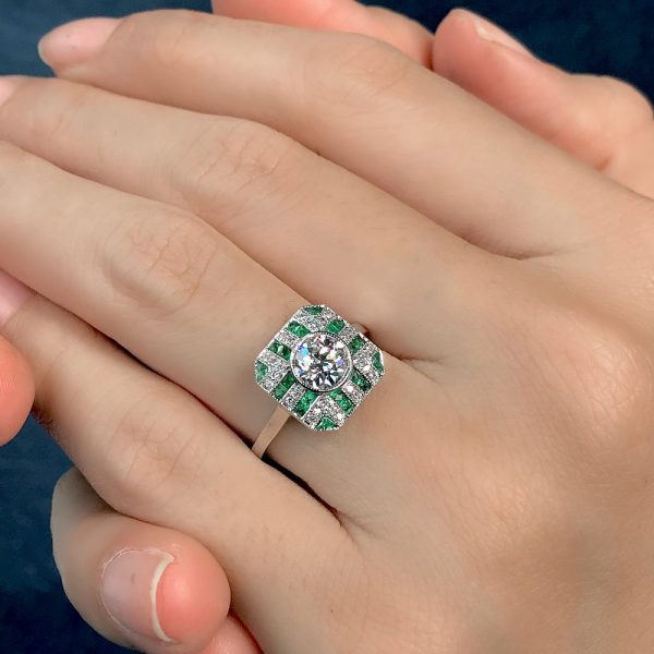 GIA Certified 0.93ct Old Cut Diamond and Emerald Cluster Engagement Ring