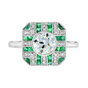 GIA Certified 0.93ct Old Cut Diamond and Emerald Cluster Engagement Ring