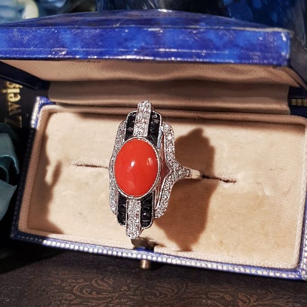 Art Deco Inspired 3ct Coral Onyx and Diamond Plaque Cocktail Ring