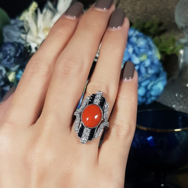 Art Deco Inspired 3ct Coral Onyx and Diamond Plaque Cocktail Ring