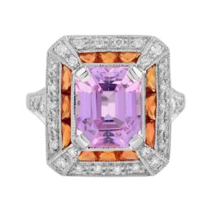 Art Deco Inspired Pink Kunzite Orange Sapphire and Diamond Cluster Ring