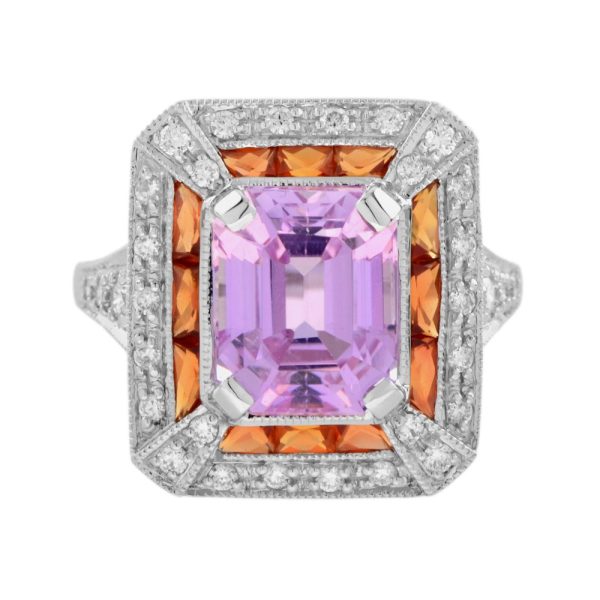 Art Deco Style 4.50ct Pink Kunzite Orange Sapphire and Diamond Cluster Cocktail Ring