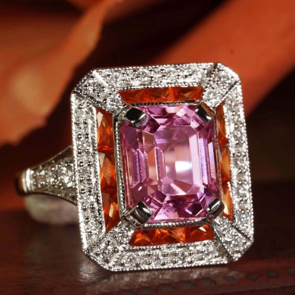 Art Deco Inspired 4.50ct Pink Kunzite Orange Sapphire and Diamond Cluster Ring