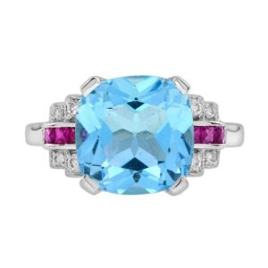Cushion Cut 7.20ct Blue Topaz with Diamond and Ruby Ring
