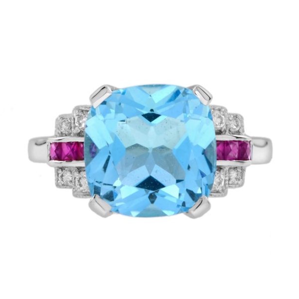Cushion Cut 7.20ct Blue Topaz with Diamond and Ruby Engagement Ring