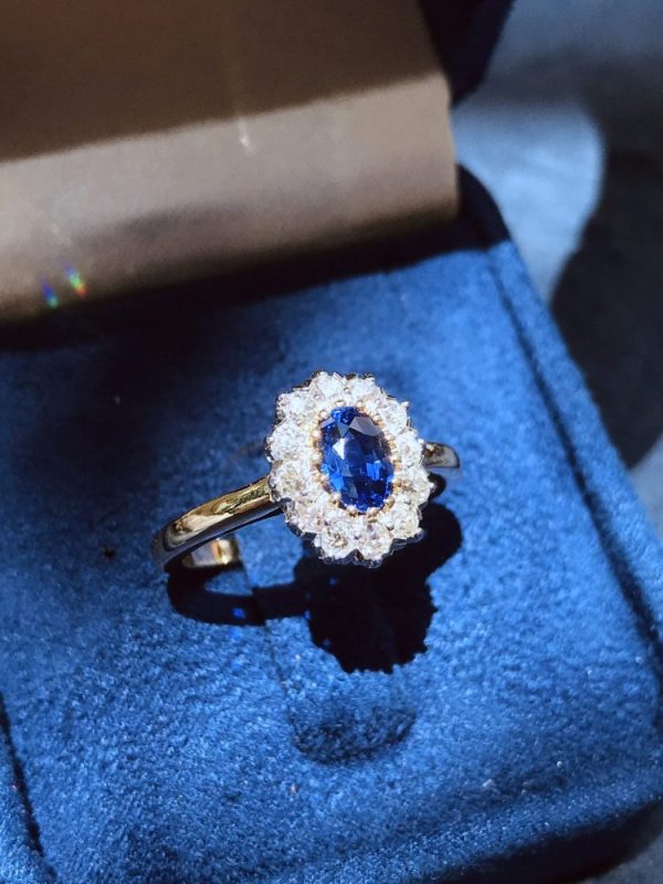0.85ct Ceylon Sapphire and Diamond Cluster Engagement Ring