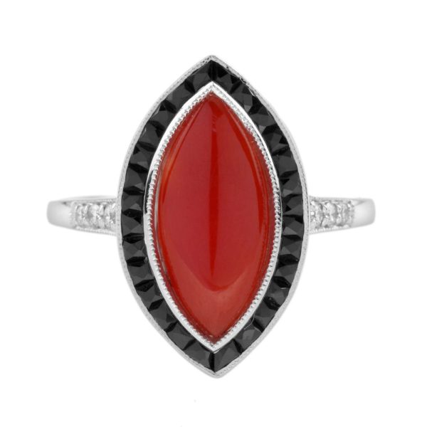 Marquise 1.20ct Coral Onyx and Diamond Navette Cluster Ring