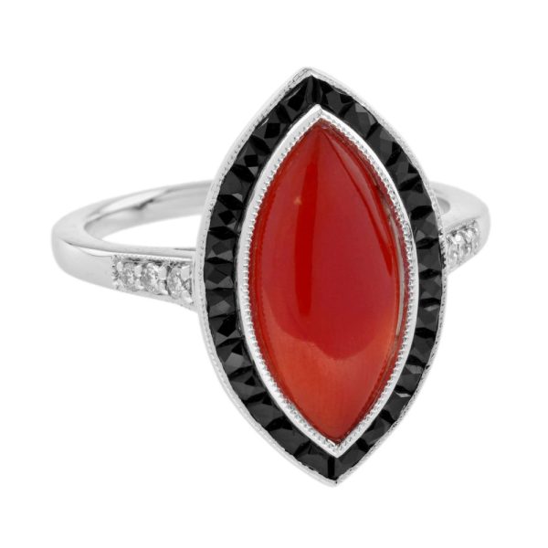 Marquise 1.20ct Coral Onyx and Diamond Navette Cluster Ring