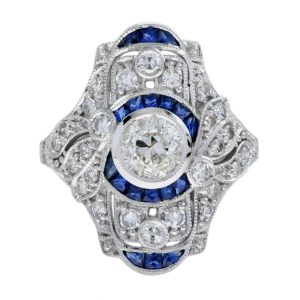 GIA Certified Old Cut Diamond and Sapphire Cluster Plaque Ring