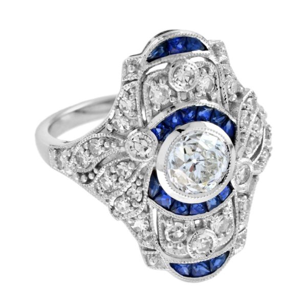 GIA Certified 0.99ct Old Cut Diamond and Sapphire Cluster Plaque Ring in 18ct White Gold