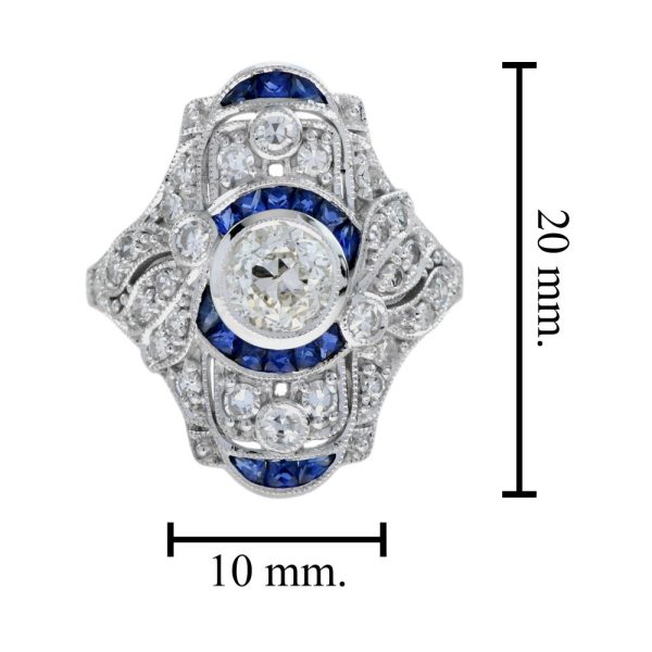 Art Deco Style GIA Certified 0.99ct Old Cut Diamond and Sapphire Cluster Plaque Ring