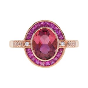 2.20ct Pink Tourmaline and Ruby Oval Target Cluster Engagement Ring in Rose Gold with Diamond Shoulders
