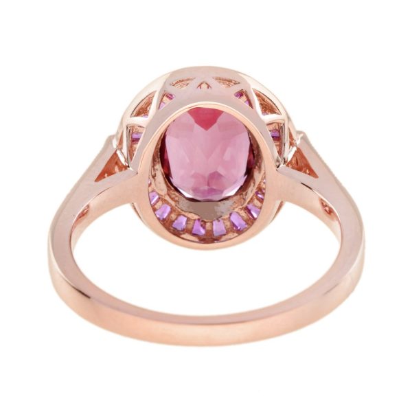 2.20ct Pink Tourmaline and Ruby Oval Target Cluster Engagement Ring in Rose Gold with Diamond Shoulders