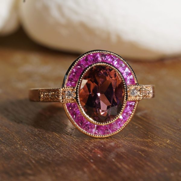 2.20ct Pink Tourmaline Ruby and Diamond Oval Target Cluster Engagement Ring in Rose Gold
