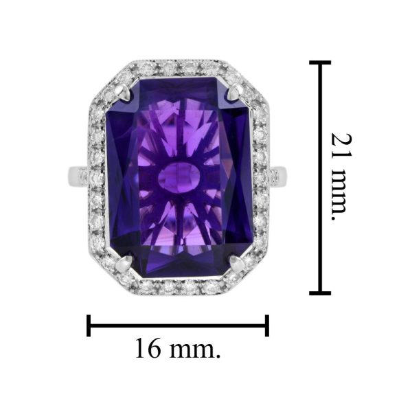 11.75ct Emerald Cut Amethyst and Diamond Cluster Cocktail Ring