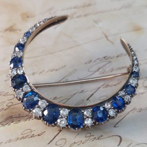 Victorian Antique Sapphire and Diamond Crescent Brooch