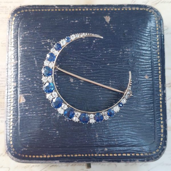 Victorian Antique Sapphire and Diamond Crescent Brooch