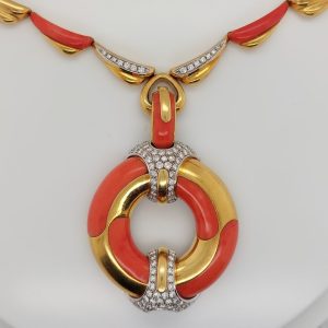 Vintage Coral Diamond Pendant Necklace