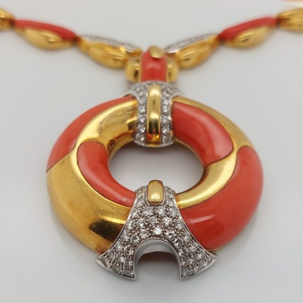 Vintage Coral Diamond Pendant Necklace