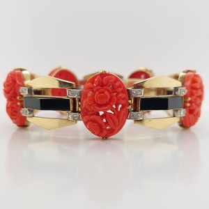 Vintage Coral Onyx and Diamond Bracelet