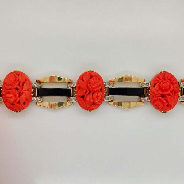 Vintage Coral Onyx and Diamond Bracelet