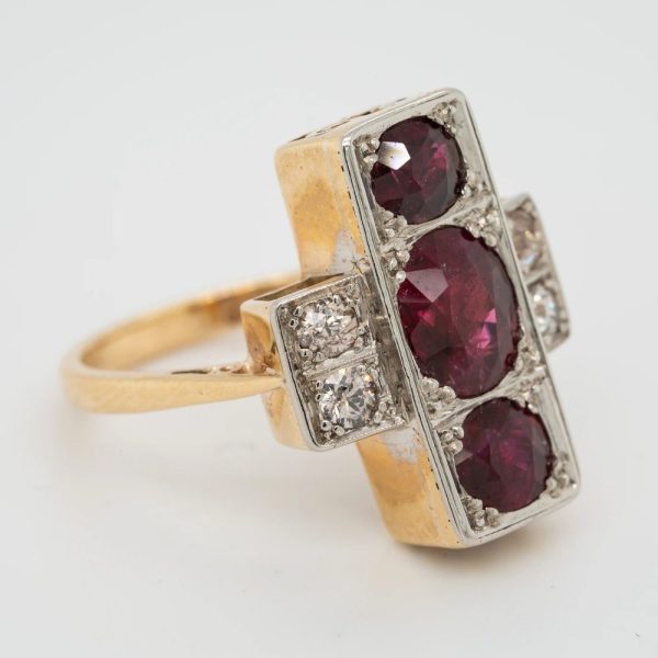 Antique 3.50ct Ruby Trilogy and Old Cut Diamond Tablet Plaque Ring