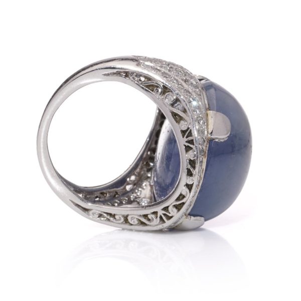 46ct Cabochon Star Sapphire and Diamond Domed Cocktail Ring in Platinum