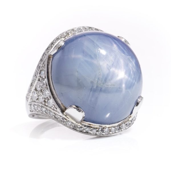 46ct Cabochon Star Sapphire and Diamond Domed Cocktail Ring in Platinum