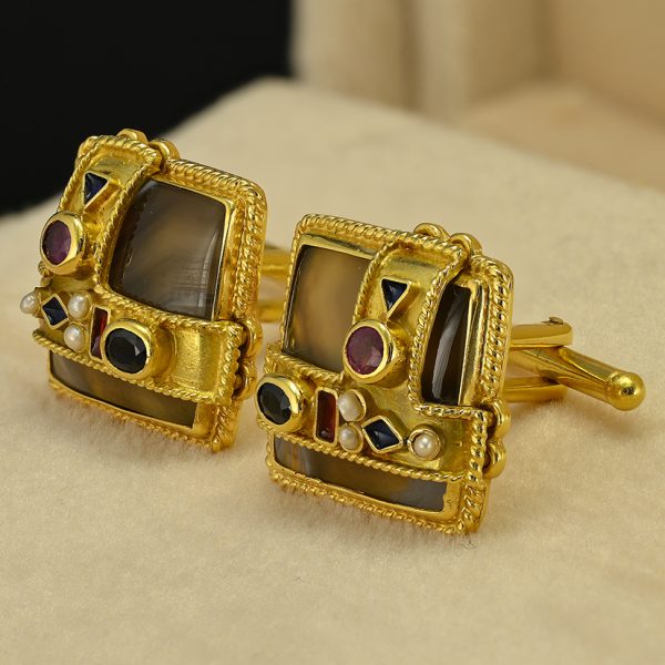 Vintage Percossi Papi Agate Multi Gemstone 18ct Yellow Gold Cufflinks