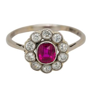 Edwardian Ruby and Diamond Floral Cluster Engagement Ring