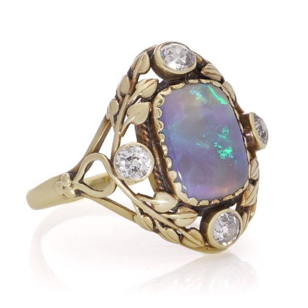 Antique Arts and Crafts Opal Diamond Gold Dress Ring