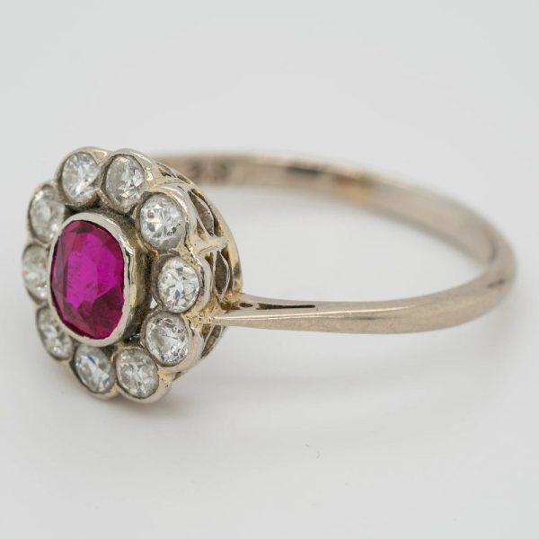 Edwardian Antique Ruby and Diamond Floral Cluster Engagement Ring in Platinum