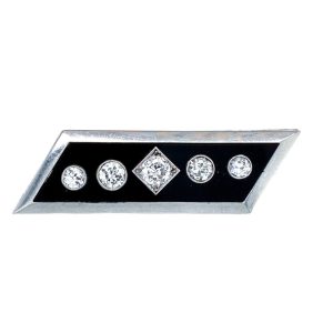 Art Deco 2.5ct Old Cut Diamond Onyx and Platinum Rhombic Shaped Brooch