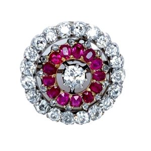 Antique Victorian Burma Ruby and Diamond Target Cluster Brooch, Rubies 1.25 carats, Diamonds 3.70 carats