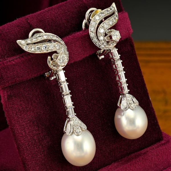 Vintage 1940s South Sea Pearl and Diamond Drop Earrings, 2.15 carat total
