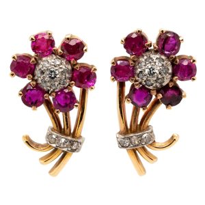 Edwardian Antique Diamond and Ruby Flower Cluster Earrings in 15ct gold