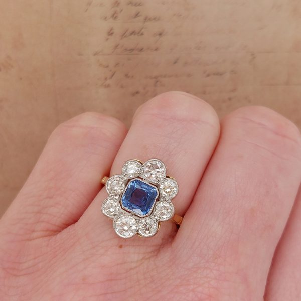Antique 1ct Sapphire and 1.40ct Diamond Floral Cluster Engagement Ring