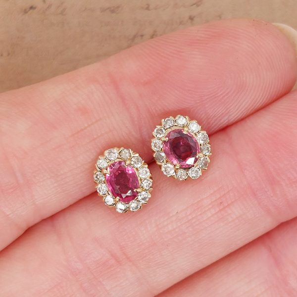 Vintage 1ct Pink Sapphire and Diamond Cluster Stud Earrings in 18ct Yellow Gold