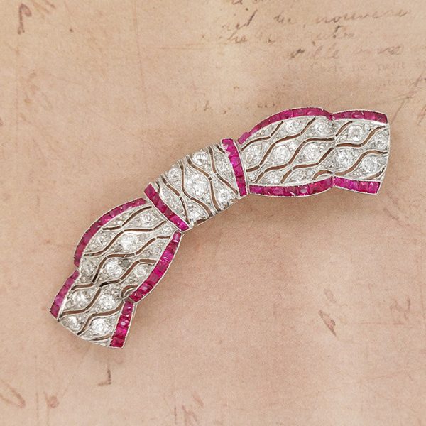 Antique Edwardian Diamond and Ruby Bow Brooch 1.40 carats