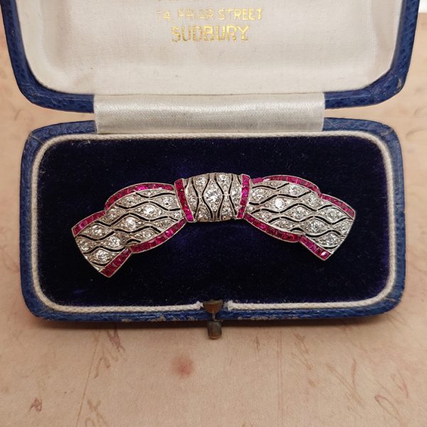 Antique Edwardian 1.40ct Diamond and Ruby Bow Brooch