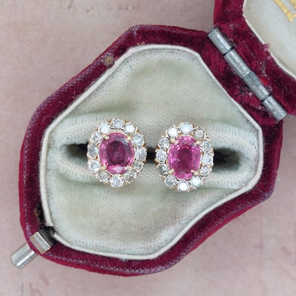 Vintage 1ct Pink Sapphire and Diamond Cluster Stud Earrings in 18ct Yellow Gold