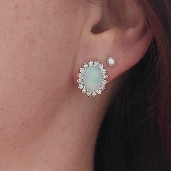 Vintage 2.50ct Opal and Diamond Cluster Earrings