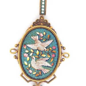 mid 19th century, Victorian micromosaic pendant depicting two white (turtle) doves within a turquoise blue colour background